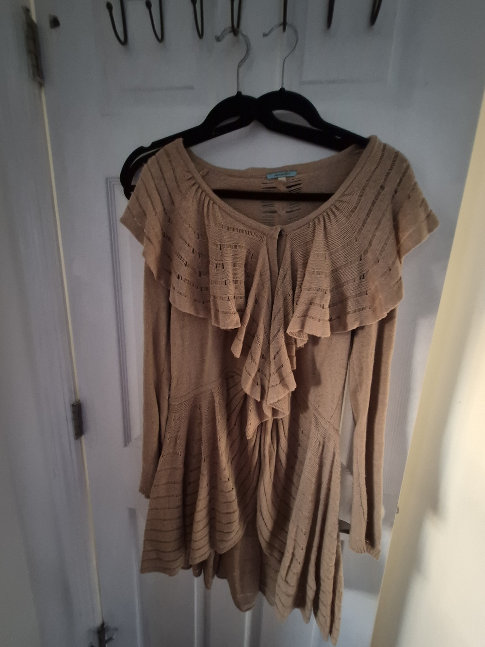 Ruffled Lightweight Knit Tunic Cardigan - Tan